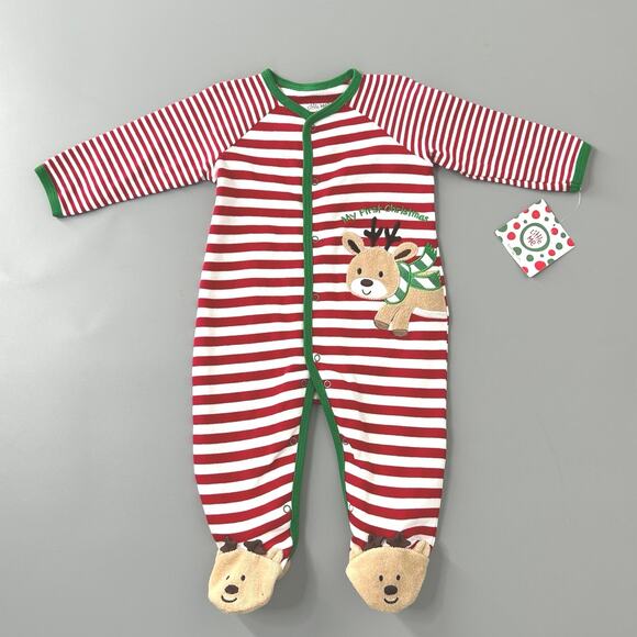 Little Me One Piece Footie Bodysuit in Reindeer Christmas Red Stripes - Picture 2 of 4